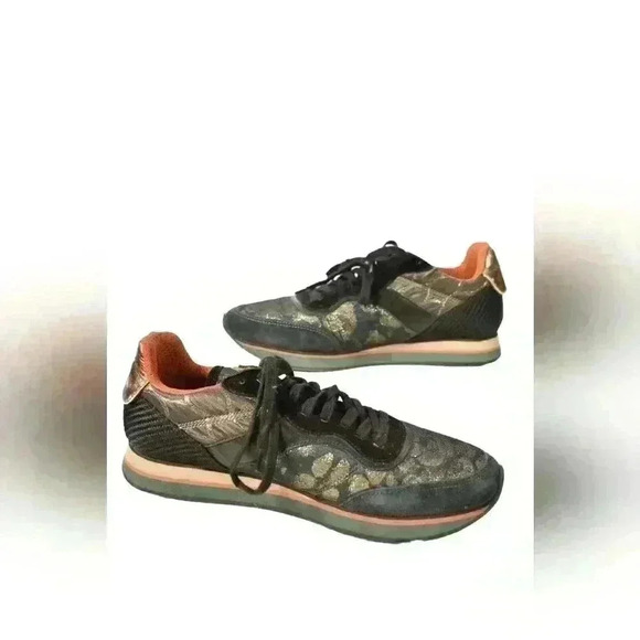 ETRO Green Gold Cheetah Metallic Suede Nylon Sneakers Leopard Print 8US  Italy - Picture 4 of 10